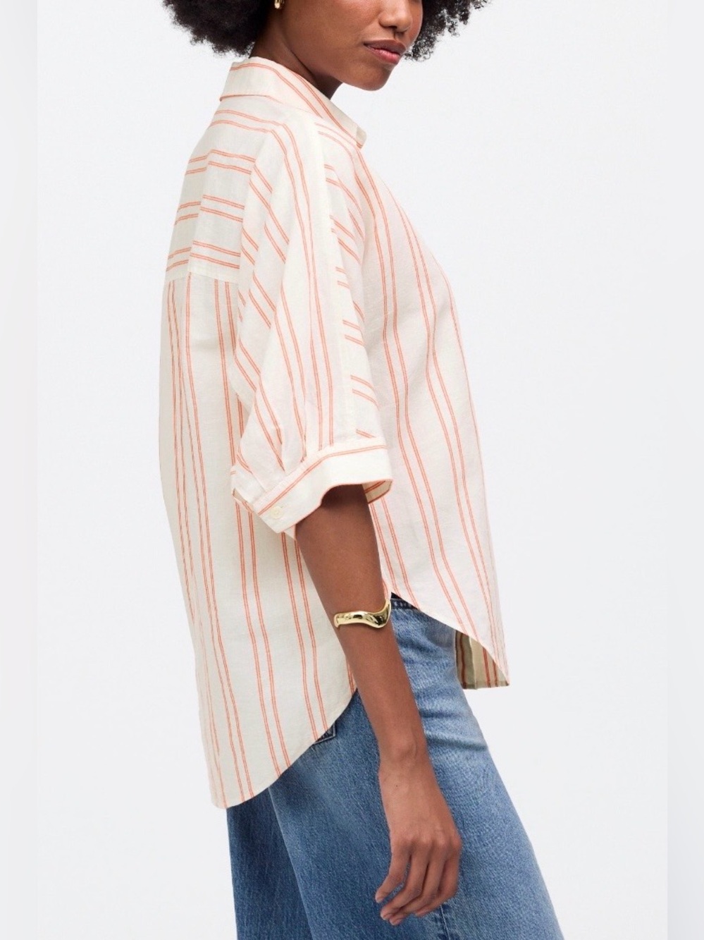 Madewell Oversized Pleated Sleeve Button Up Shirt in Bright Flame Stripe | XXL - Picture 2 of 14